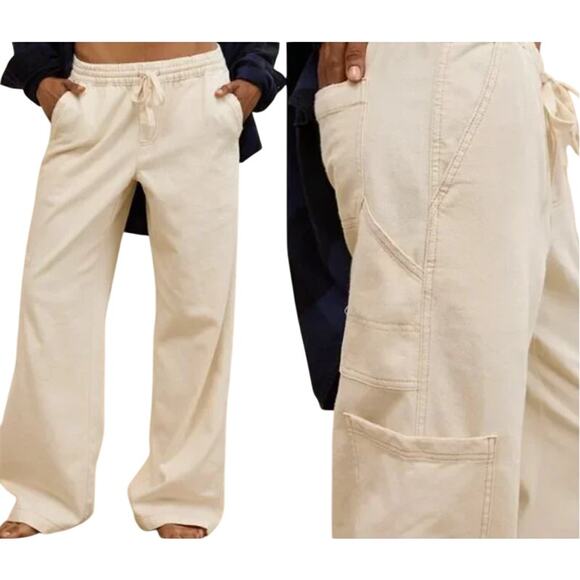 Aerie Cream Speckled Low & Slouchy Wide Leg Cargo Pants- S - Picture 1 of 10